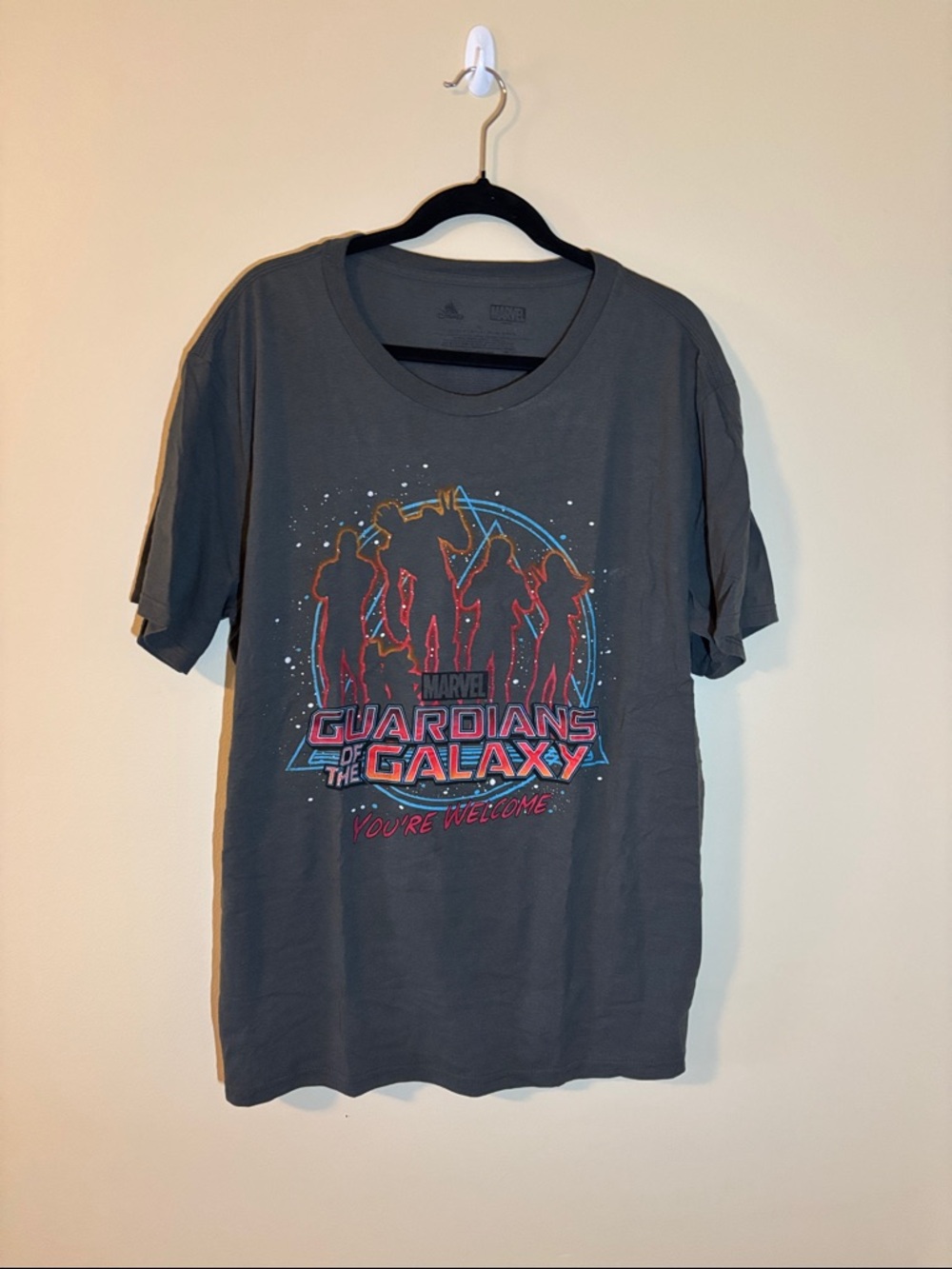 Marvel Guardians of the Galaxy Dark Gray Tee with Neon Character Silhouettes